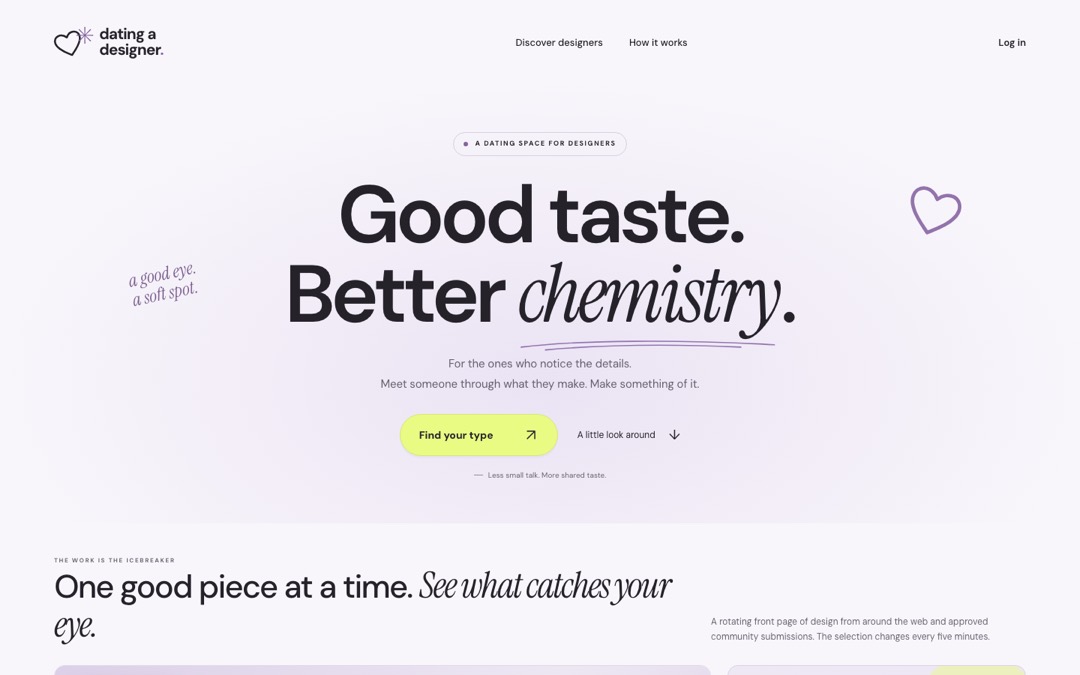 Live screenshot of the Dating a Designer homepage